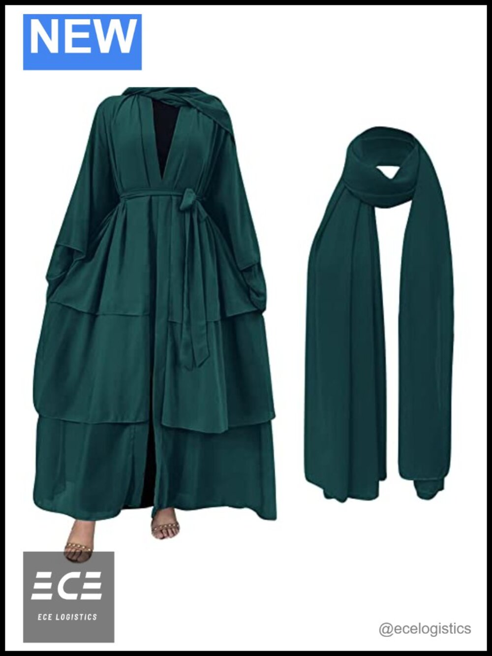 Women's Chiffon Abaya Maxi Dress with Hijab Long Sleeve Open Front Cardigan Robe